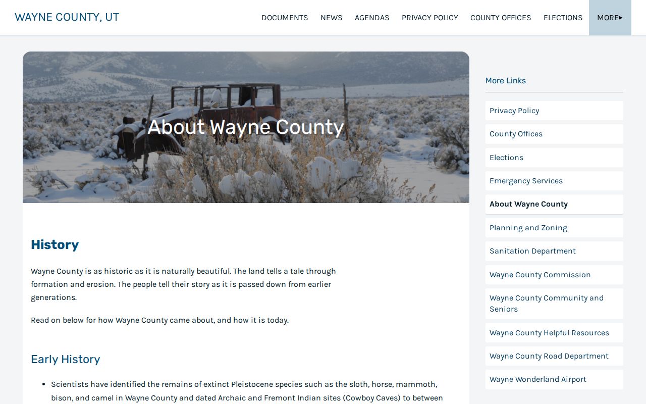 Wayne County page describing the Loa courthouse and county geography