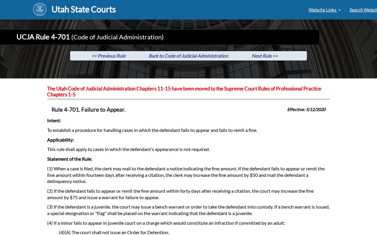 Utah court rule text on failure-to-appear procedure