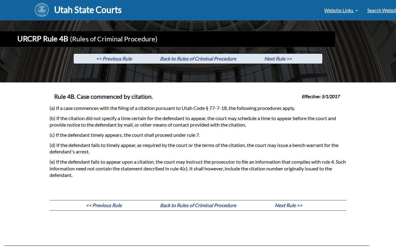 Utah Rule 4B text on citation cases and bench warrants