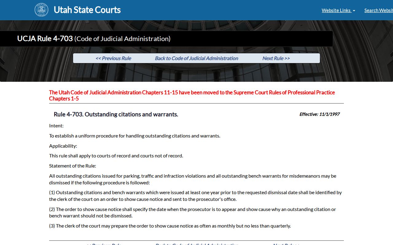 Utah court rule on older citations and misdemeanor bench warrants