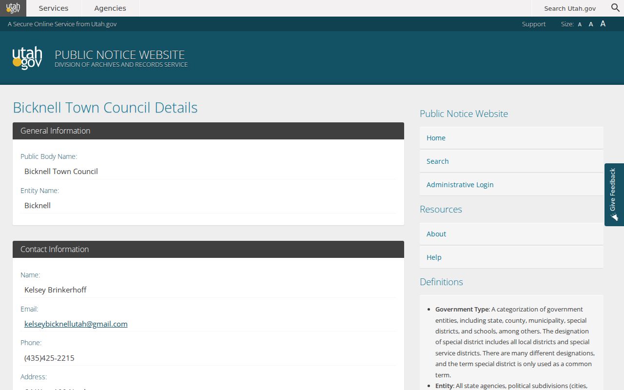 Bicknell Town Council public-body listing and civic contact
