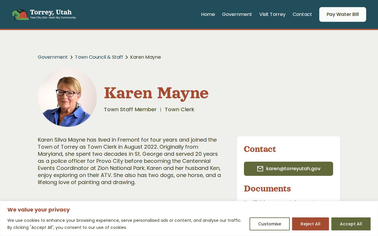 Torrey Town Hall clerk contact page and civic information