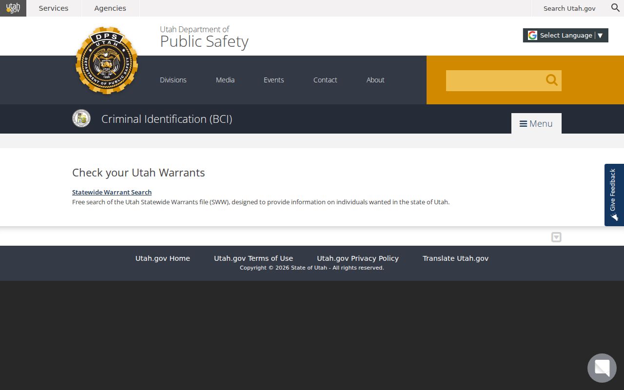 Official Utah BCI page linking to the statewide warrant search